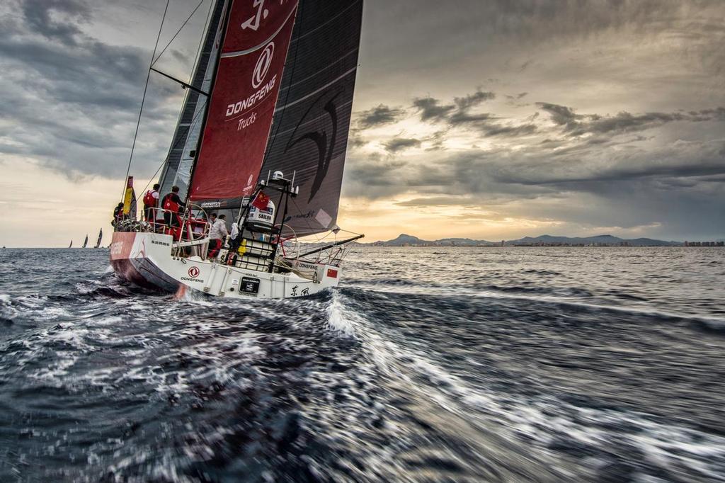 October 11, 2014. Following Dongfeng Race Team for their first Sunset at the Start of the Leg 1, from Alicante, Spain to Cape Town South Africa. photo copyright  Marc Bow / Volvo Ocean Race taken at  and featuring the  class
