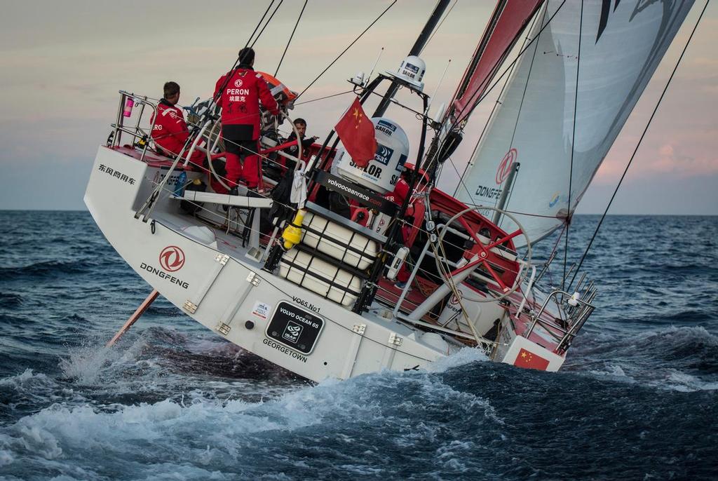 October 11, 2014. Following Dongfeng Race Team for their first Sunrise at the Start of the Leg 1, from Alicante, Spain to Cape Town South Africa. photo copyright  Marc Bow / Volvo Ocean Race taken at  and featuring the  class