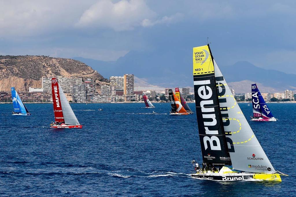 October 3, 2014. The fleet lines up for the practice Race start in Alicante. 2014-15 Volvo Ocean Race photo copyright  David Ramos / Getty Images/Volvo Ocean Race taken at  and featuring the  class