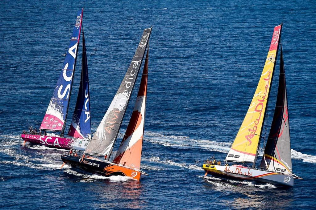 October 3, 2014. Team SCA, Team Alvimedica, Abu Dhabi Ocean Racing lines up for the practice Race start in Alicante. 2014-15 Volvo Ocean Race photo copyright  David Ramos / Getty Images/Volvo Ocean Race taken at  and featuring the  class
