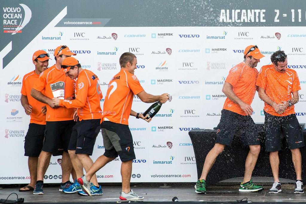 2014-15 Volvo Ocean Race - Team Alvimedica collecting their award and enjoying the champagne after winning the Alicante In-Port Race. ©  David Ramos / Volvo Ocean Race