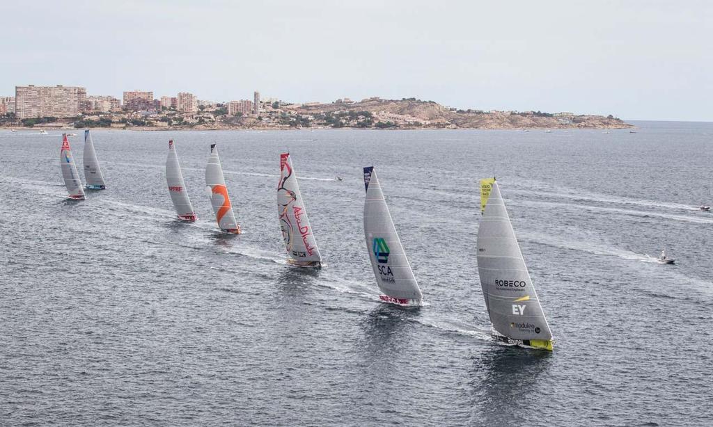 October 11, 2014. The fleet leaving Alicante on Leg 1, heading for Cape Town. Brunel are leading. Volvo Ocean Race photo copyright  Ainhoa Sanchez/Volvo Ocean Race taken at  and featuring the  class