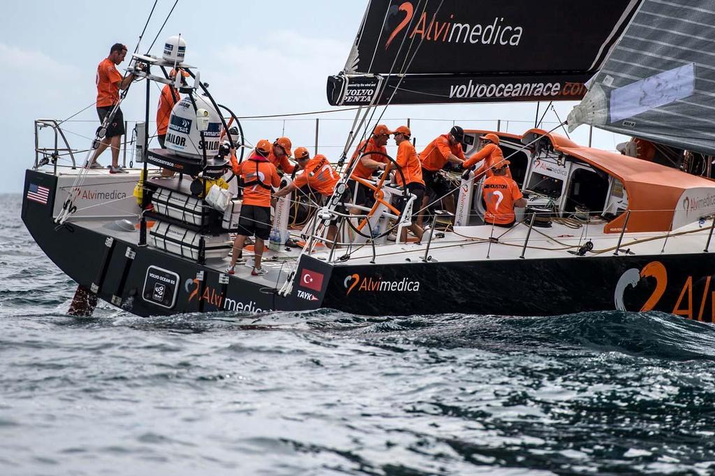 Team Alvimedica leave Alicante during the Start of Leg 1 of the Volvo Ocean Race from Alicante to Cape Town. photo copyright  David Ramos / Volvo Ocean Race taken at  and featuring the  class