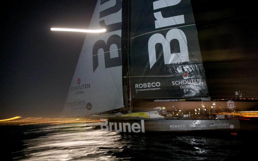 November 05, 2014. Team Brunel crosses the line in third place for Leg 1 from Alicante to Cape Town in the Volvo Ocean Race. photo copyright  Charlie Shoemaker / Volvo Ocean Race taken at  and featuring the  class
