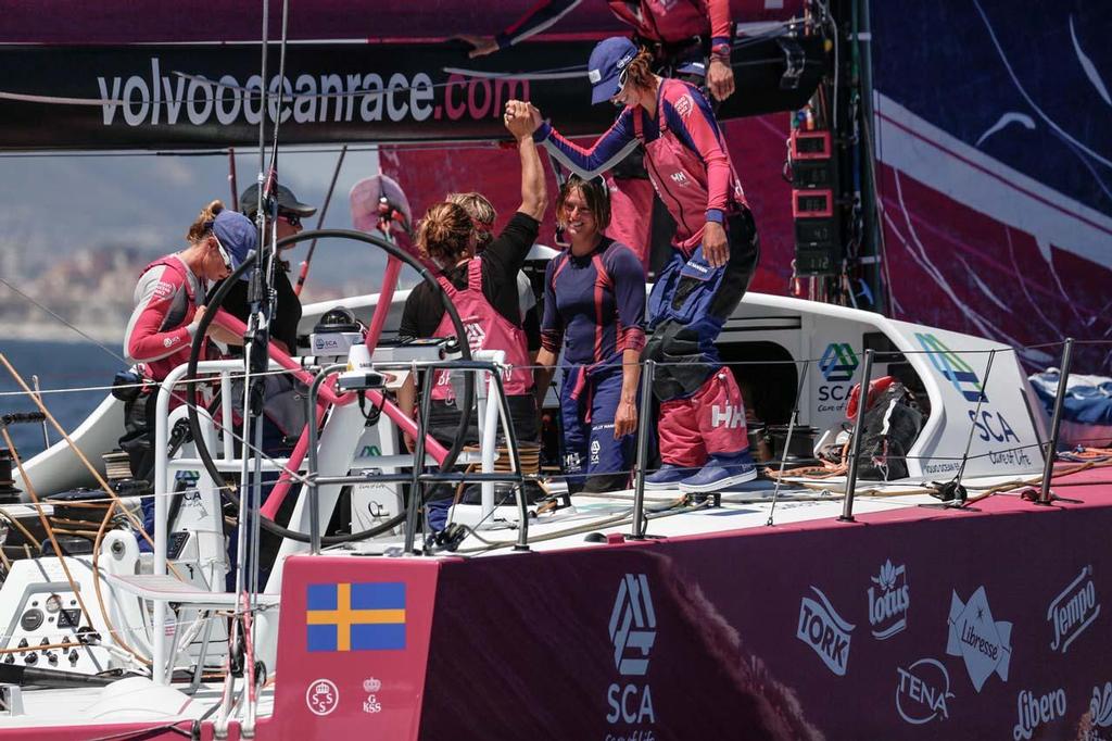 Volvo Ocean Race - November 7, 2014. Team SCA cross the finish line in 6th place; a fantastic come back from the girls after falling behind the rest of the fleet early on in Leg 1. photo copyright  Charlie Shoemaker / Volvo Ocean Race taken at  and featuring the  class