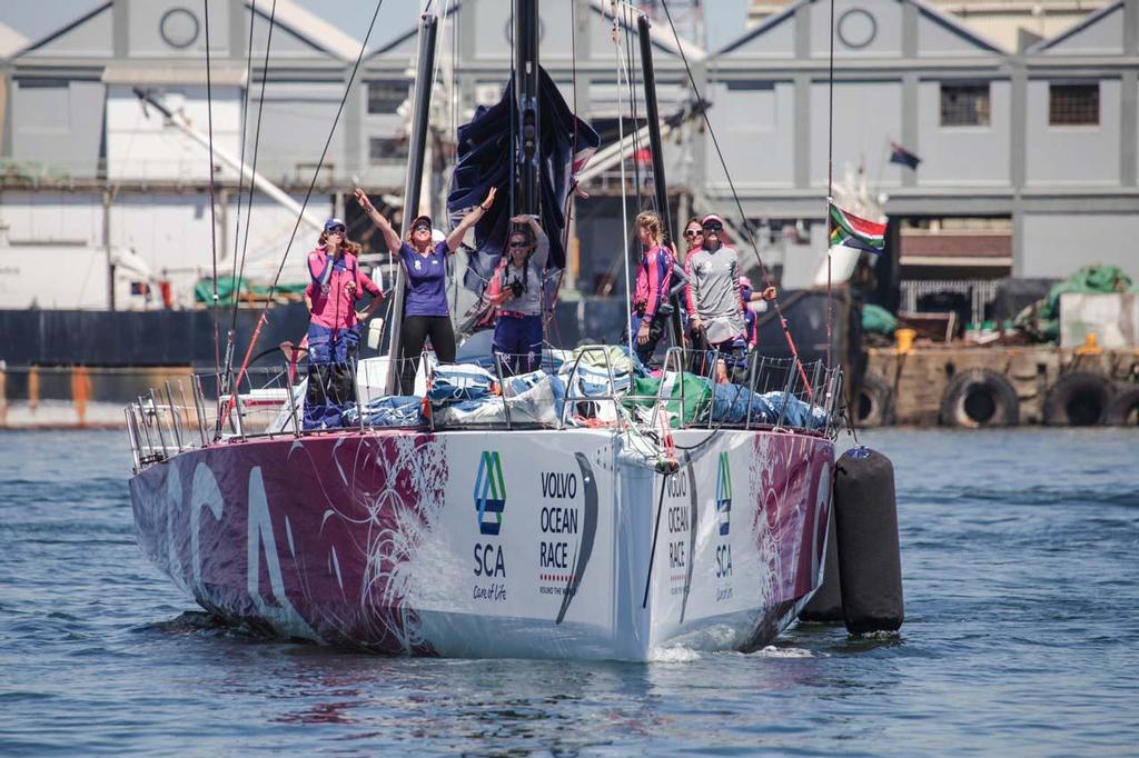 Volvo Ocean Race - November 7, 2014. Team SCA arrives to the pontoon in Cape Town after completing Leg 1 in 6th place. photo copyright  Charlie Shoemaker / Volvo Ocean Race taken at  and featuring the  class