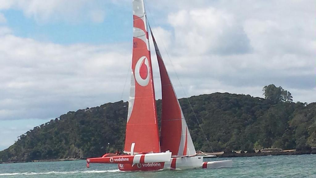 TeamVodafoneSailing crossing the finish line in the Bay of Islands to set a new race record for the Coastal Classic © PIC Coastal Classic http:www.coastalclassic.co.nz