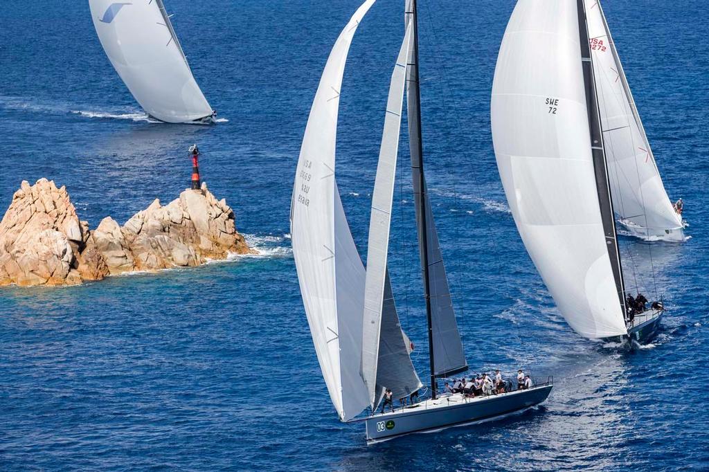 CAOL ILA R (USA) leading RÃ?N (SWE) and SHOCKWAVE (USA) as they round Mortoriotto - 2014 Maxi Yacht Rolex Cup photo copyright  Rolex / Carlo Borlenghi http://www.carloborlenghi.net taken at  and featuring the  class