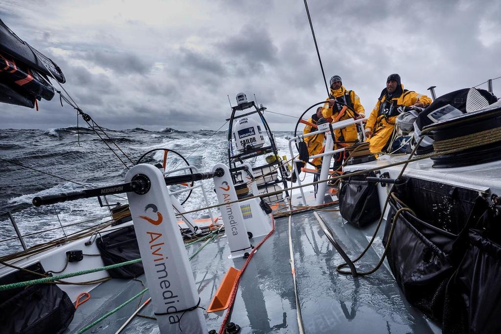 August 12, 2014. Round Britain Island Race Day 2 - OBR content Team Alvimedica: A team-wide shift to survival suits during the first night of the RORC's Round Britain and Ireland Race, as temperatures drop and winds build. ©  Amory Ross / Team Alvimedica