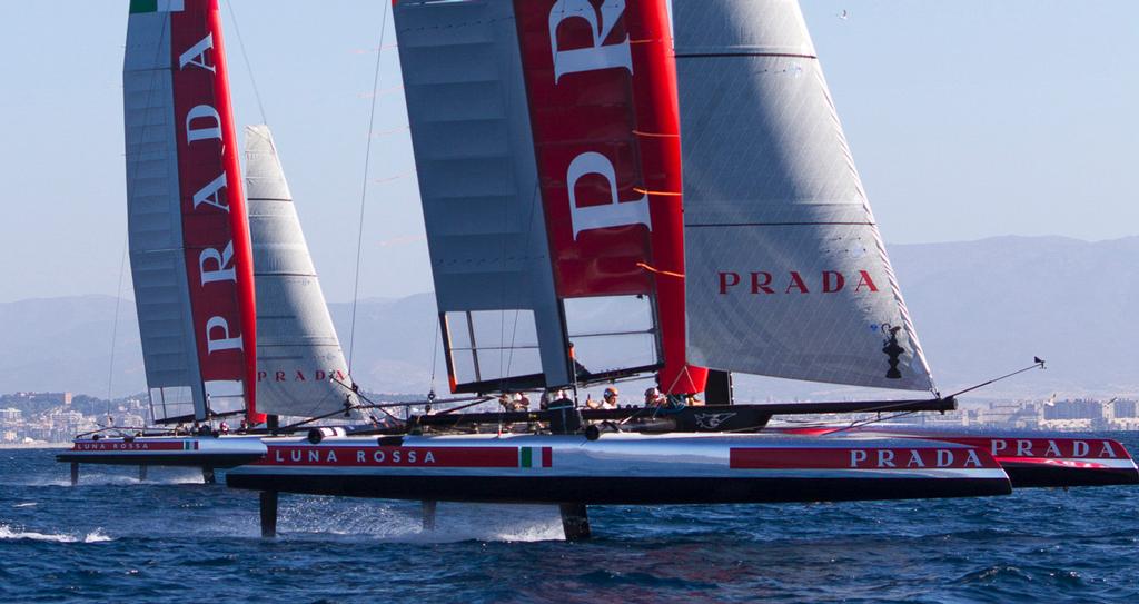 Luna Rossa's two foiling AC45's Piranha and Swordfish foiling off the team's base in Cagliari, Italy - photo © Luna Rossa Challenge 2013 http://www.lunarossachallenge.com/