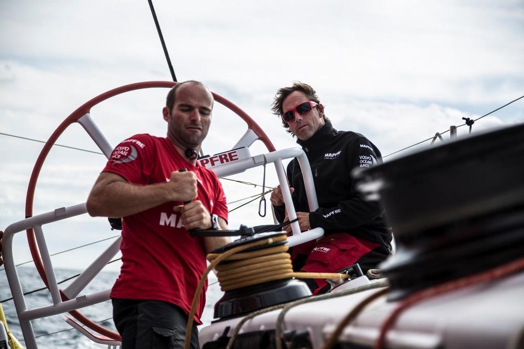 October 12, 2014. Nico Lunven and Iker Martinez onboard MAPFRE the first morning after the Start of Leg 1. photo copyright Volvo Ocean Race - Team Campos - Francisco Vignale http://www.volvooceanrace.com/ taken at  and featuring the  class