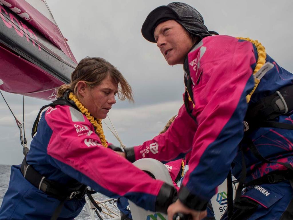 2014-15 Volvo Ocean Race. Leg 1 onboard Team SCA. Abby Ehler and Liz Wardley ``get angry`` when hoisting a sail. photo copyright Corinna Halloran / Team SCA taken at  and featuring the  class