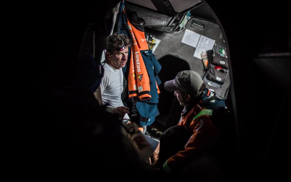 October 13, 2014. The frontal system passes over with up to 30knts smashing up wind. No more dry clothes. Day 3 at sea for Team Vestas Wind on the Volvo Ocean Race, Leg 1. October 2014. © Brian Carlin - Team Vestas Wind
