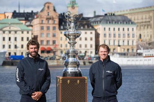 Iain Percy and Nathan Outteridge (right) with the America's Cup. © Sander van der Borch / Artemis Racing http://www.sandervanderborch.com
