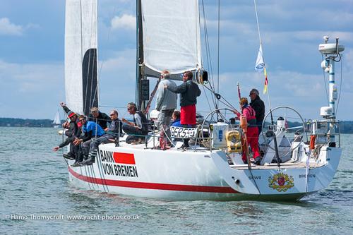 Cheers on board after the finish of the Sevenstar Round Britain and Ireland Race for Bank von Bremen - Sevenstar Round Britain and Ireland Race 2014 © Hamo Thornycroft http://www.yacht-photos.co.uk