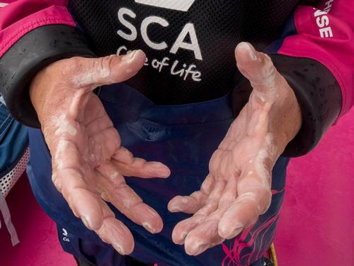 What sailing hands look like after 18 days at sea. Abby Ehler. © Corinna Halloran / Team SCA