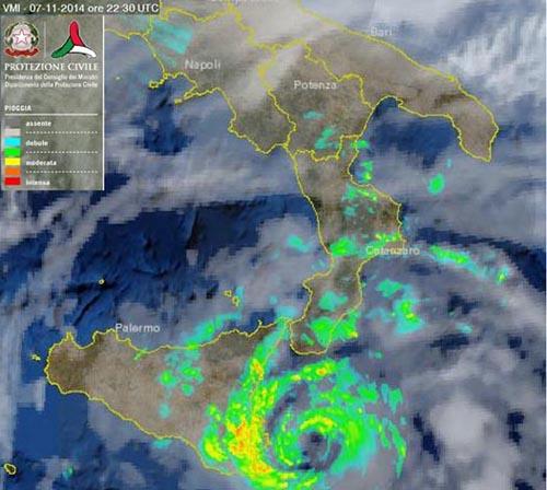 Figure 1. Radar image of the November 7, 2014 Medicane as the storm passed along the east coast of Sicily, Italy. Sure looks like an eyewall is trying to form. © Protezionecivile Italy