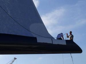 Working on mainsail clew - Mast stepping and sail fitting - 60m Perini Navi Sloop, Perseus 3, in La Spezia, Italy photo copyright Doyle Sailmakers taken at  and featuring the  class