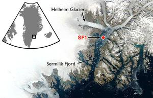A satellite image shows Helheim Glacier, one of many glaciers that drain ice from the Greenland Ice Sheet into coastal fjords that connect to the open ocean. photo copyright Woods Hole Oceanographic Institution (WHOI) http://www.whoi.edu/ taken at  and featuring the  class