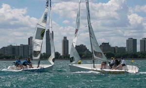 Tight match race action in today's blustery conditions. - Chicago Match Race Center's Summer Invitational doubleheader 2014 photo copyright Hamish Hardy taken at  and featuring the  class