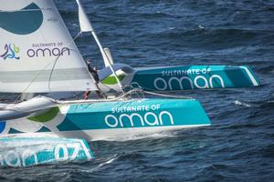 Sidney Gavignet (FRA) onboard the Oman sail MOD70 trimaran ``Musandam``. Shown here training offshore prior to the Route du Rhum 2014. photo copyright  Vincent Curutchet / Lloyd Images taken at  and featuring the  class