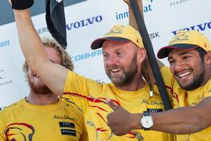 November 05, 2014. Skipper Ian Walker, Adil Khalid and Luke Parkinson on stage for the prize giving. Abu Dhabi was first of Leg one from Alicante to Cape Town. - Volvo Ocean Race 2014-15 photo copyright  Ainhoa Sanchez/Volvo Ocean Race taken at  and featuring the  class
