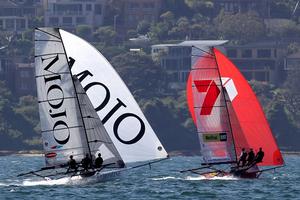 Mojo Wine chases Gotta Love It 7 on the tight spinnaker run to Chowder Bay - 2014-2015 Australian 18 Footers - Club Championship photo copyright Australian 18 Footers League http://www.18footers.com.au taken at  and featuring the  class