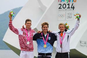 Left to right - Maxim Tokarev, Francisco Saubidet Birkner, and Lars van Someren - Nanjing 2014 Youth Olympic Games photo copyright ISAF  taken at  and featuring the  class