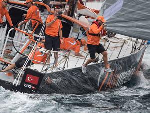 Alvimedica Jumper Auction winner gets his prize, and makes his jump in style, after the start of Leg 3 of the Volvo Ocean Race from Abu Dhabi photo copyright Robin Christol taken at  and featuring the  class