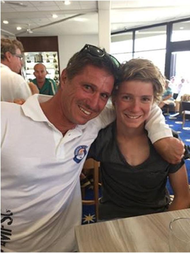 Proud father Kieran with National Champion Rome Featherstone - Australian Optimist Championships 2015. © Amanda Wilson