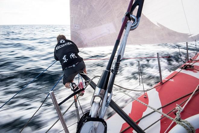 January 7, 2015. Leg three onboard Dongfeng Race Team. Kevin Escoffier's daily routine brings him to every pointy end on the boat. - Volvo Ocean Race 2014-15. ©  Sam Greenfield / Volvo Ocean Race