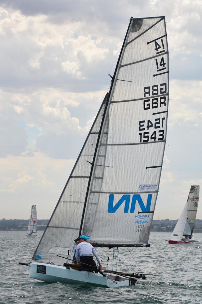 Britain’s Glenn Truswell and crew Sam Pascoe wait out the soft breeze and a start in today’s Practice Race  - International 14 World Championship 2015. © Rhenny Cunningham