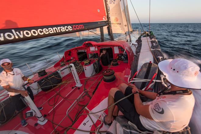 Leg three Day four - Decision time! - Dongfeng still holding the lead as they approach lighter winds. Key day for Leg 3 as the fleet take the decision when to gybe out to better winds and aim to hit the north east Monsoon winds first - Volvo Ocean Race 2014-15. ©  Sam Greenfield / Volvo Ocean Race