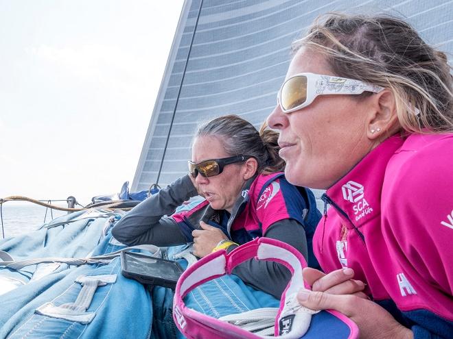 January 5, 2015. Leg 3 onboard Team SCA. Libby Greenhalgh and Sam Davies talk navigation strategies - Volvo Ocean Race 2014-15. © Corinna Halloran / Team SCA