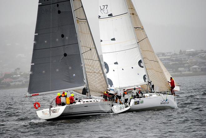  The Protagonist and Whistler (to windward) collided at the start of the Betsey Island Race. © Peter Campbell