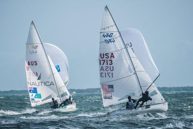 Stuart McNay (Providence, R.I.) and David Hughes (San Diego, Calif.) drag race against 2014 World Champions Mat Belcher and Will Ryan (Australia) - Day 1 of racing at ISAF Sailing World Cup Miami 2015 © Will Ricketson / US Sailing Team http://home.ussailing.org/