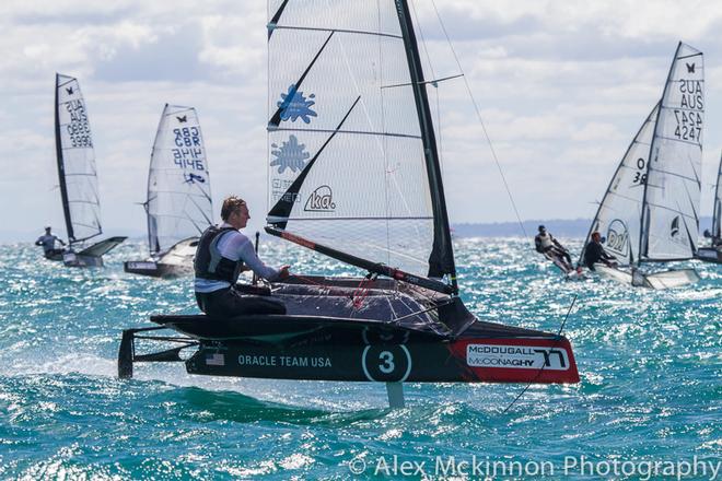 AUS4131 - Kyle Langford goes around the top mark for the first time. He finished in 17 place overall. - 2015 Moth World Championships ©  Alex McKinnon Photography http://www.alexmckinnonphotography.com
