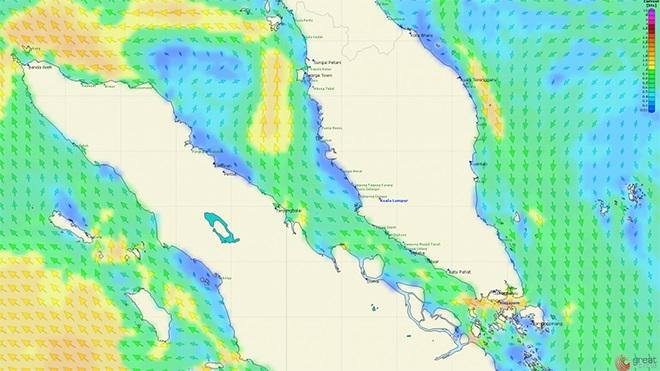 General current set across Malacca as seen from oceanographic models. © Volvo Ocean Race http://www.volvooceanrace.com