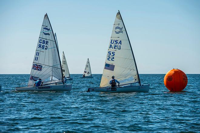 Scott Hoffmann leads Ed Wright at the top mark in Race 9 © Walter Cooper /US Sailing http://ussailing.org/
