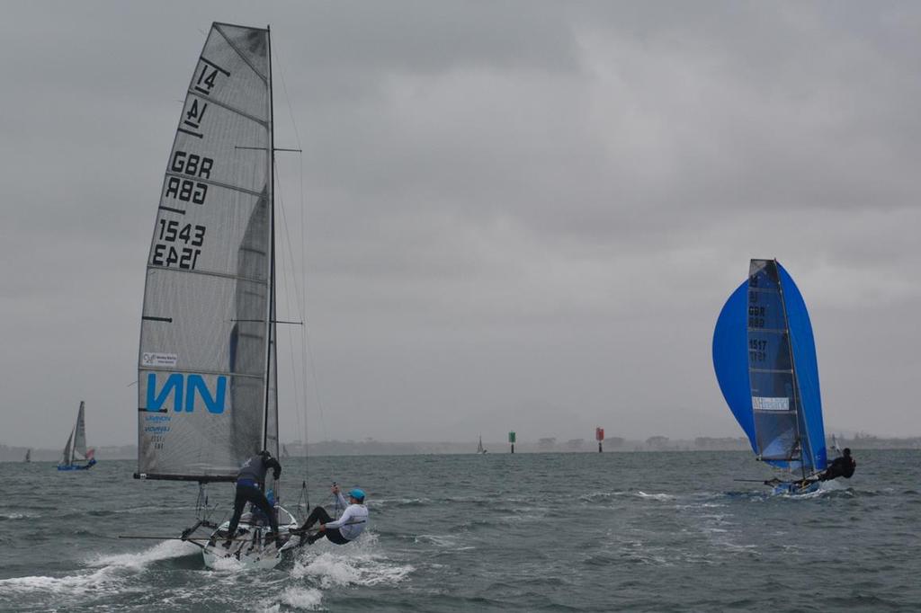 Ben McGrane and James Hughes worked hard to keep Glen Truswell and Sam Pascoe at bay in second place in Race 2 of the series - International 14 World Championships 2015. photo copyright Rhenny Cunningham taken at  and featuring the  class