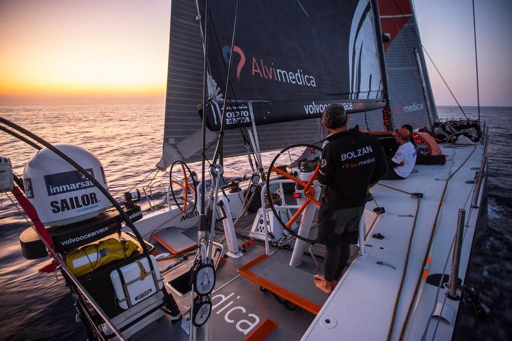 January 26, 2015. Day 23 of Leg 3 to Sanya, onboard Team Alvimedica. Alberto Bolzan driving into the final night of Leg 3. photo copyright  Amory Ross / Team Alvimedica taken at  and featuring the  class