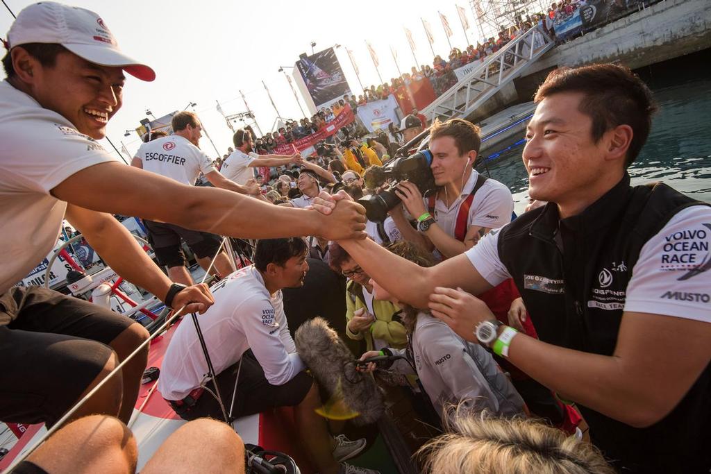 Dongfeng Race Team arrives to Sanya in first position, leader of Leg 3 after 23 days of sailing. The team is welcomed in the pontoon. photo copyright  Sam Greenfield / Volvo Ocean Race taken at  and featuring the  class