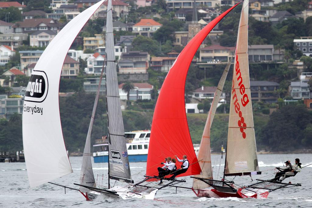 De'Longhi and Smeg down the first spinnaker run - 18ft Skiffs  NSW Championship, Race one  Sunday, 11 January 2015  Sydney Harbour. photo copyright Australian 18 Footers League http://www.18footers.com.au taken at  and featuring the  class