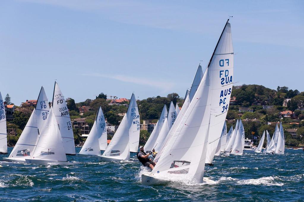 The fleet during the start at the first race during  the Flying Dutchman World Championship. Sydney,Australia. Wednesday 7th January  2015 (Photo: Andrea Francolini). © Andrea Francolini http://www.afrancolini.com/