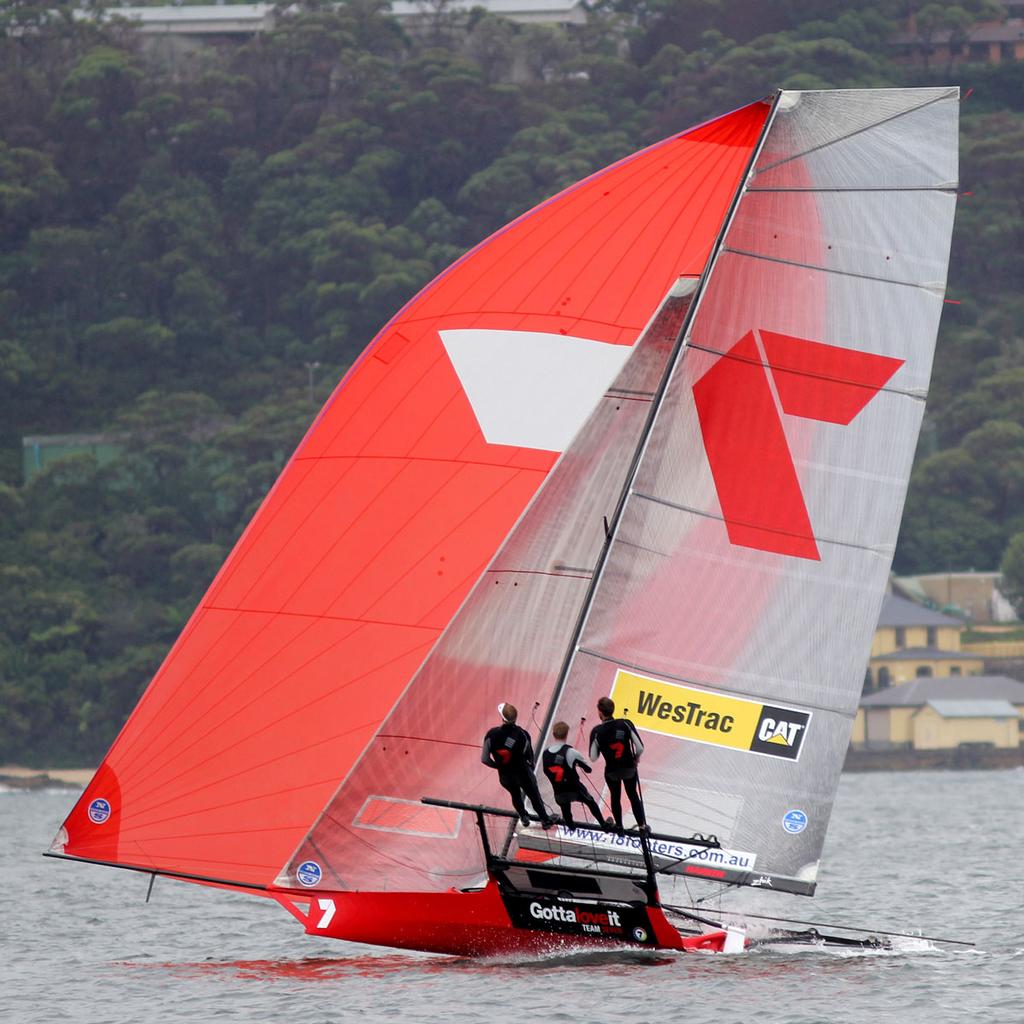 Gotta Love It 7 looks a winner on the final run - 18ft Skiffs  NSW Championship, Race one  Sunday, 11 January 2015  Sydney Harbour. photo copyright Australian 18 Footers League http://www.18footers.com.au taken at  and featuring the  class