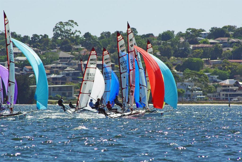 A pack forms on the left hand side. photo copyright  Rick Steuart / Perth Sailing Photography http://perthsailingphotography.weebly.com/ taken at  and featuring the  class