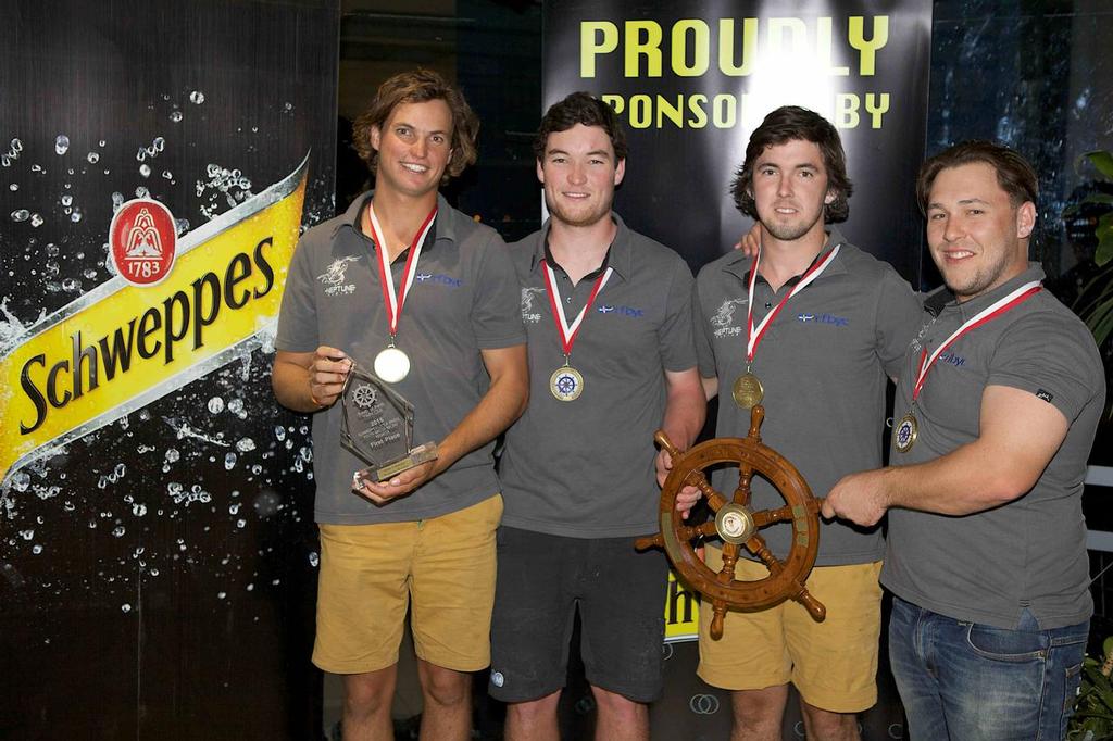 Sam Gilmour and his crew with the Little Wheel trophy © Bernie Kaaks