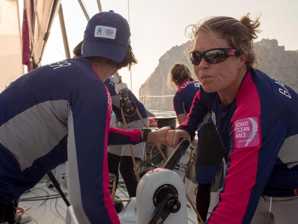 Leg 3 onboard Team SCA. Sally Barkow at the grinder. © Corinna Halloran / Team SCA