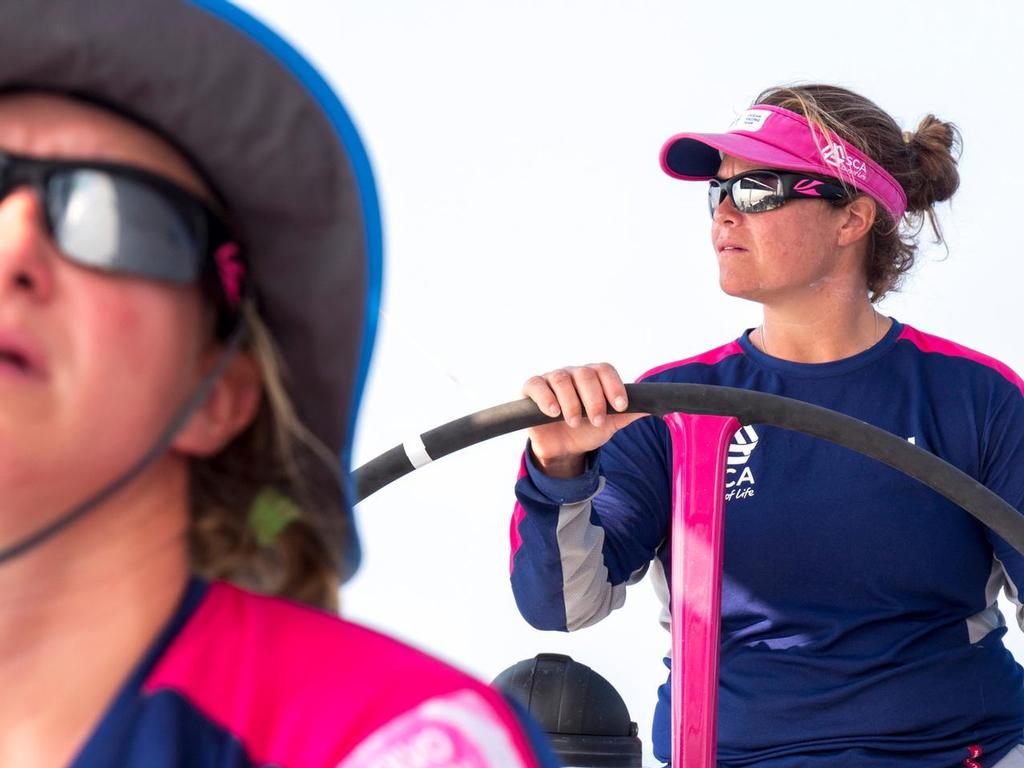 Leg 3 onboard Team SCA. Sally Barkow helms while Annie Lush trims the foresail in light winds on Leg 3. © Corinna Halloran / Team SCA