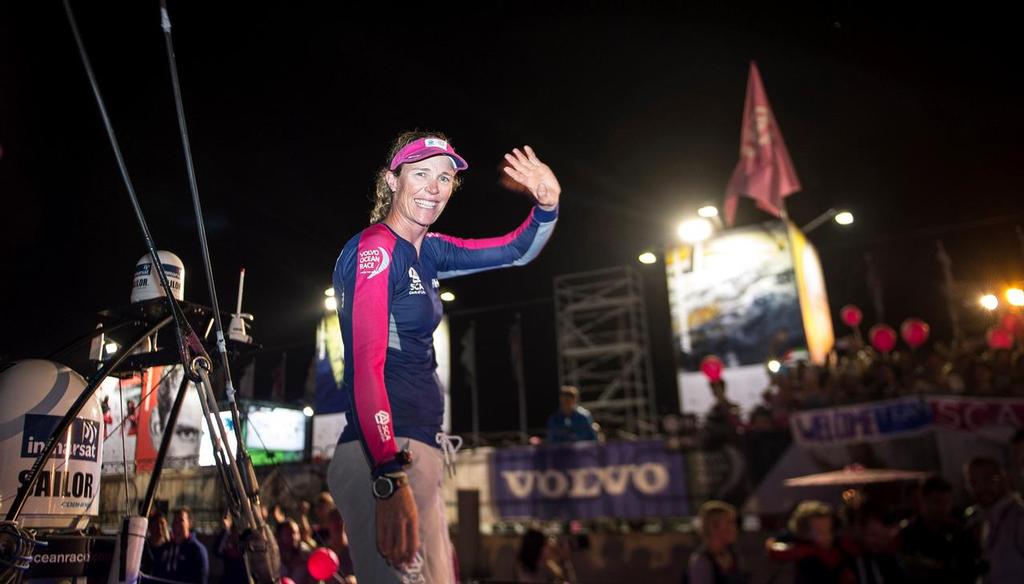 January 27, 2015. Team SCA arrives in Sanya in sixth position, after 23 days of sailing. Carolijn Brouwer waving the crowds as they approach the dock. © Volvo Ocean Race http://www.volvooceanrace.com